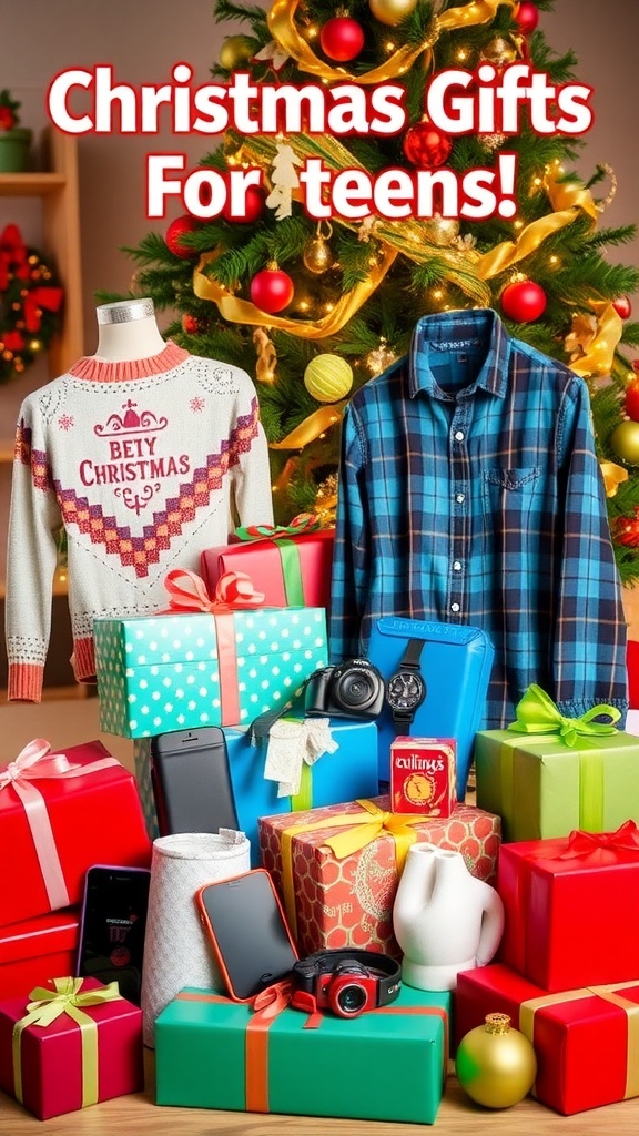 Christmas Gift Ideas for Teens A collection of Christmas gifts for teens, including tech gadgets and stylish accessories, under a beautifully decorated Christmas tree.